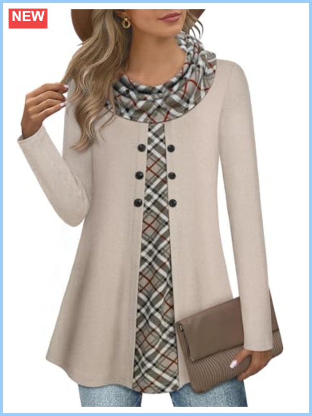 Long Sleeve Cowl Neck Splicing Tunic Top with Buttons A Line Warm